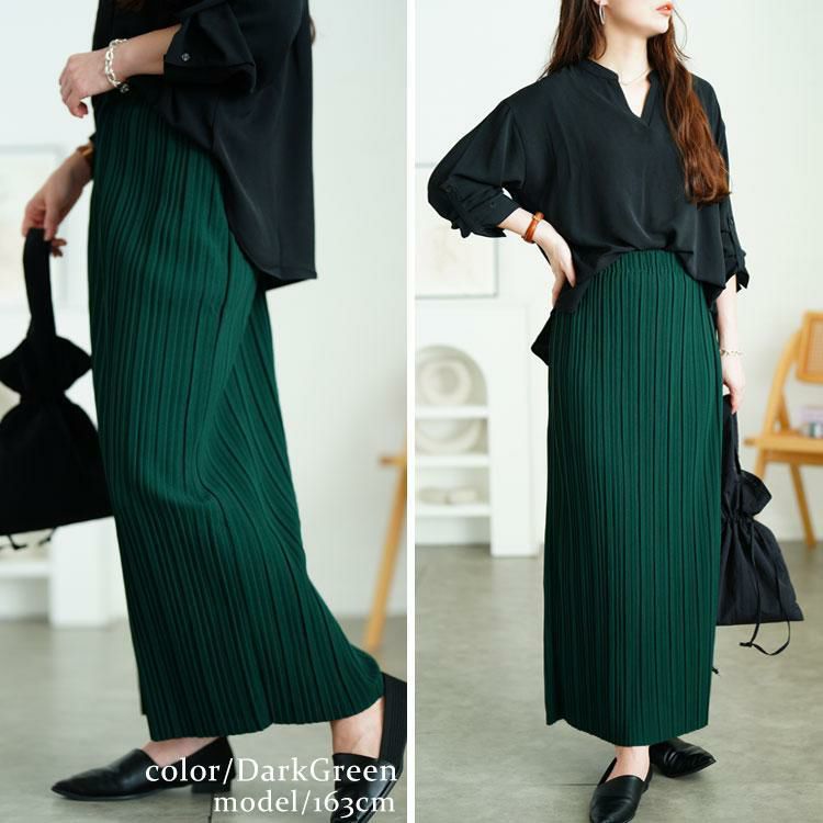 大きいサイズ レディース ランダムプリーツナロースカート　tog-1024 ダークグリーン