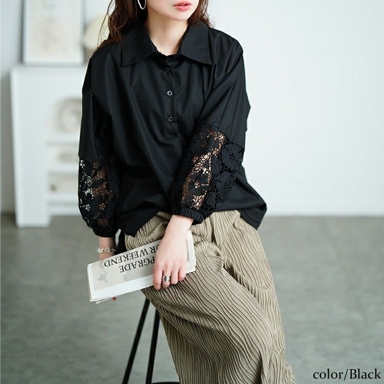 大きいサイズ レディース 花柄レース切り替えバルーンスリーブシャツ　jp527 【メール便可】