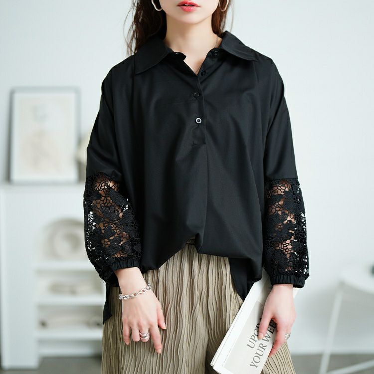 大きいサイズ レディース 花柄レース切り替えバルーンスリーブシャツ　jp527 【メール便可】