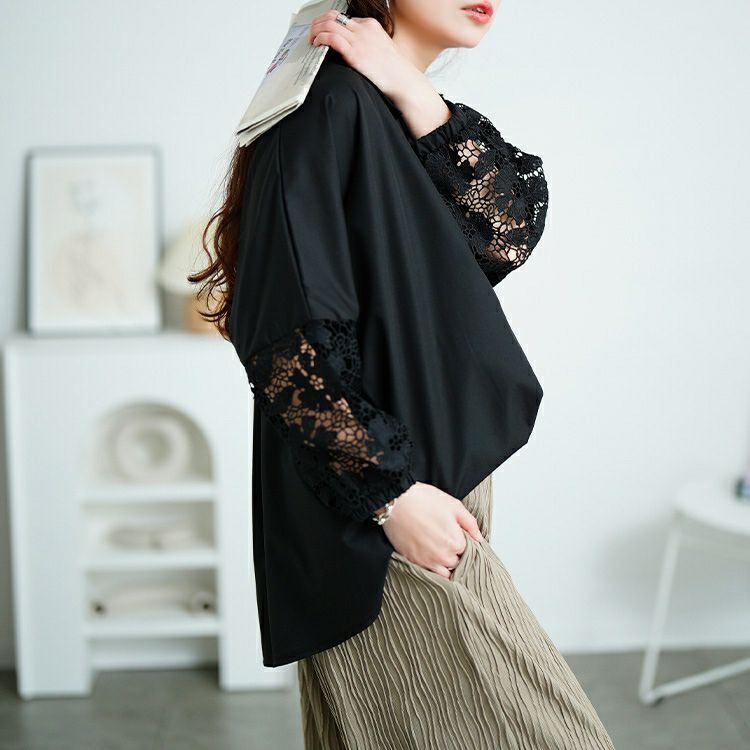 大きいサイズ レディース 花柄レース切り替えバルーンスリーブシャツ　jp527 【メール便可】