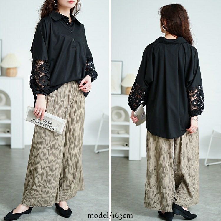 大きいサイズ レディース 花柄レース切り替えバルーンスリーブシャツ　jp527 【メール便可】