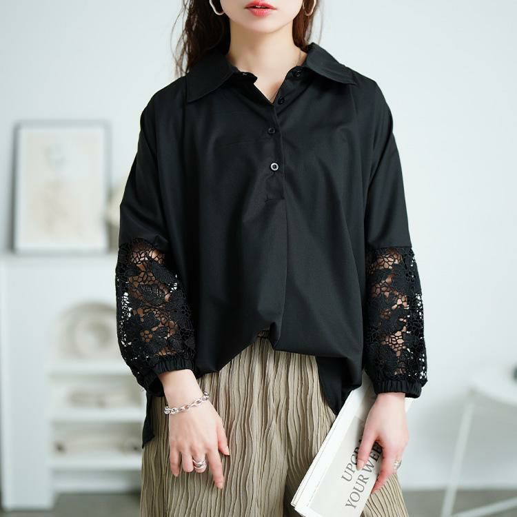 大きいサイズ レディース 花柄レース切り替えバルーンスリーブシャツ　jp527 【メール便可】 ブラック
