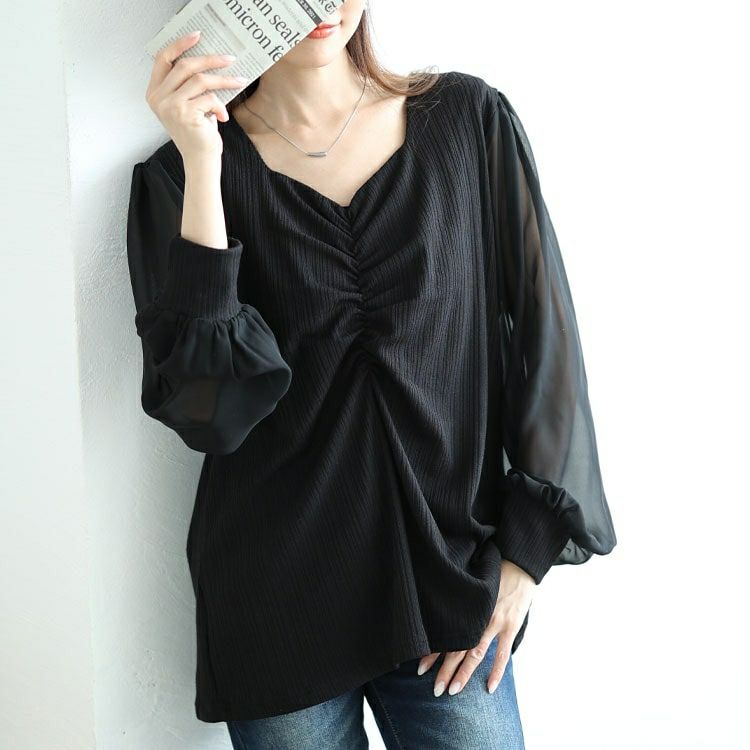 大きいサイズ レディース 袖シフォン胸元ギャザープルオーバー　jp529 【メール便可】