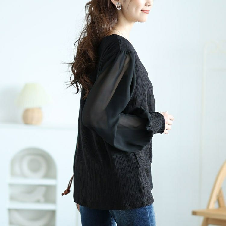 大きいサイズ レディース 袖シフォン胸元ギャザープルオーバー　jp529 【メール便可】