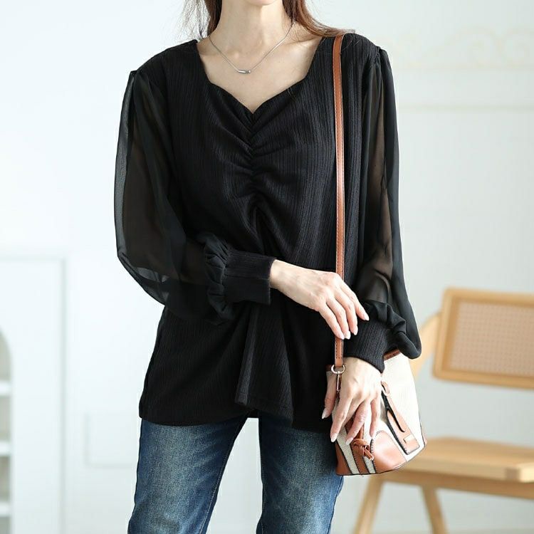 大きいサイズ レディース 袖シフォン胸元ギャザープルオーバー　jp529 【メール便可】