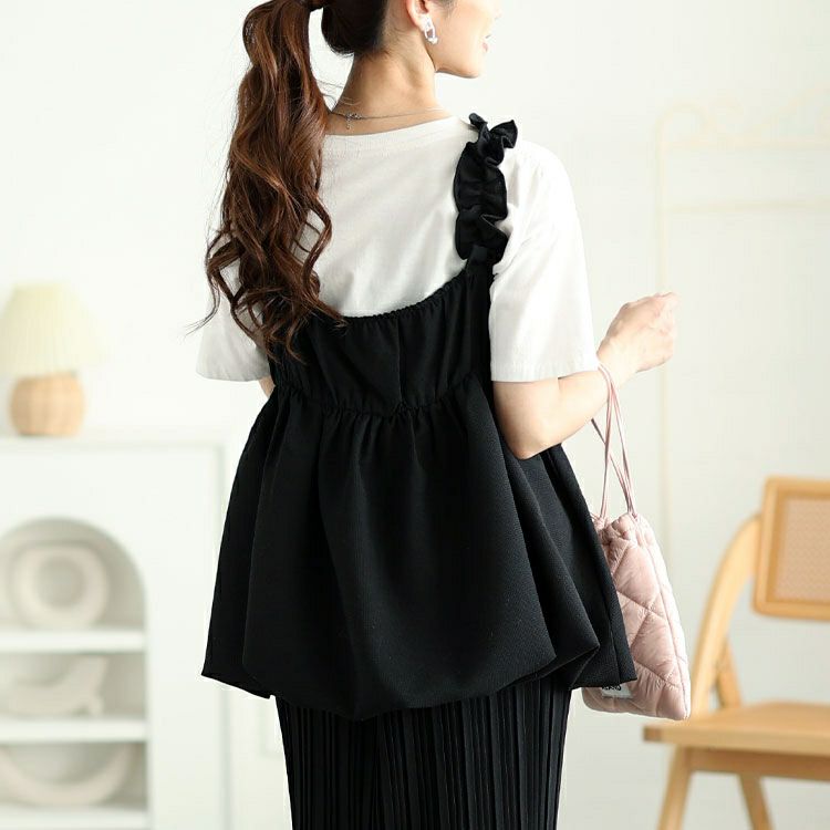 大きいサイズ レディース フリル肩紐バルーンペプラムキャミソール