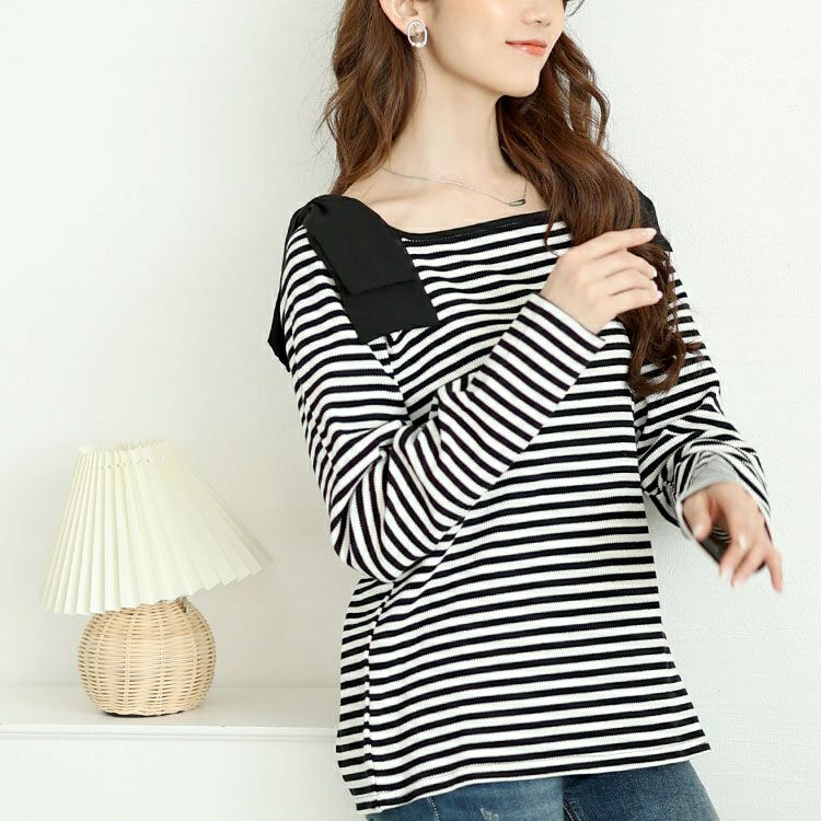 大きいサイズ レディース 肩リボンリブボーダーカットソー　plan-471002 【メール便可】