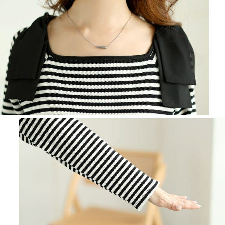 大きいサイズ レディース 肩リボンリブボーダーカットソー　plan-471002 【メール便可】