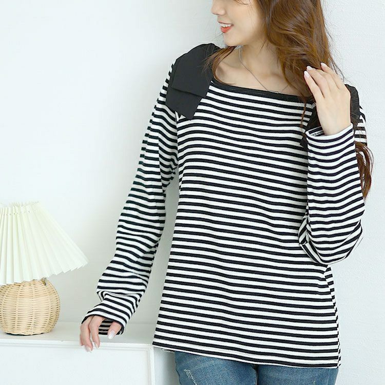 大きいサイズ レディース 肩リボンリブボーダーカットソー　plan-471002 【メール便可】