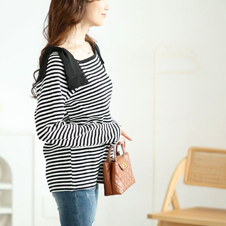 大きいサイズ レディース 肩リボンリブボーダーカットソー　plan-471002 【メール便可】