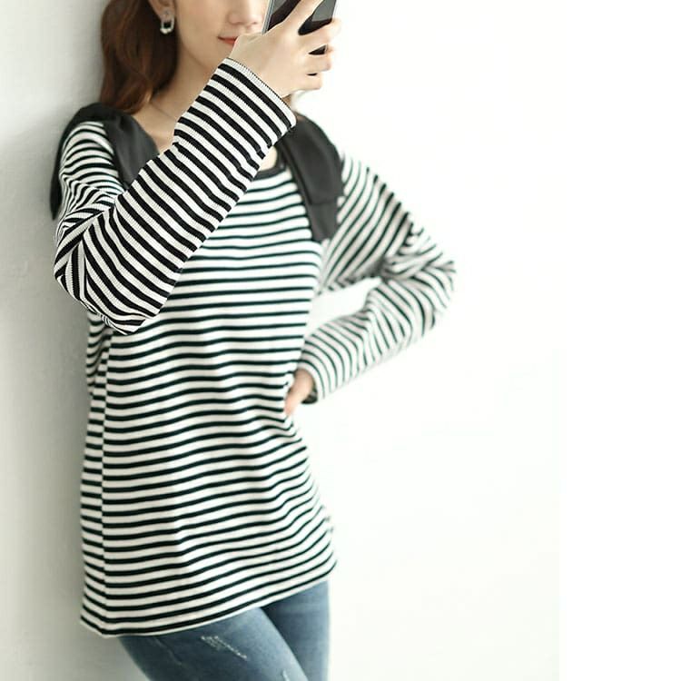 大きいサイズ レディース 肩リボンリブボーダーカットソー　plan-471002 【メール便可】