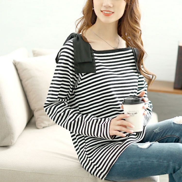 大きいサイズ レディース 肩リボンリブボーダーカットソー　plan-471002 【メール便可】