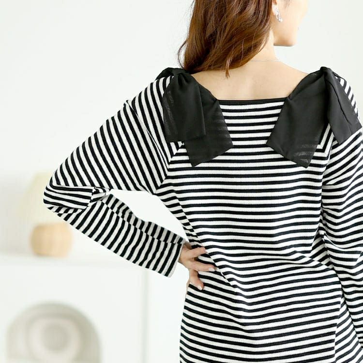 大きいサイズ レディース 肩リボンリブボーダーカットソー　plan-471002 【メール便可】