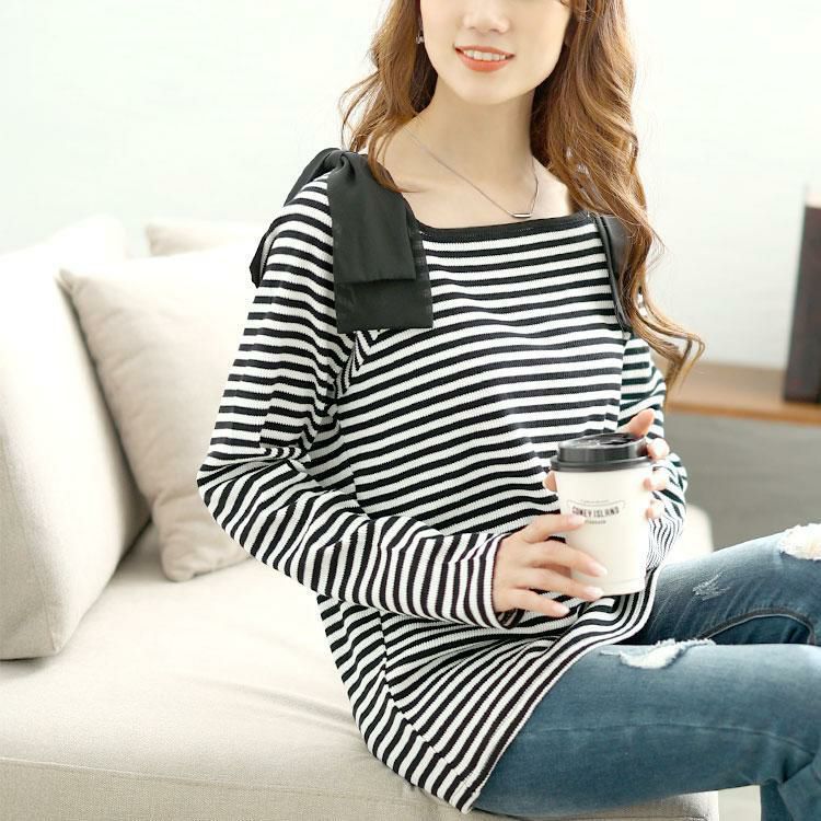 大きいサイズ レディース 肩リボンリブボーダーカットソー　plan-471002 【メール便可】 ボーダー