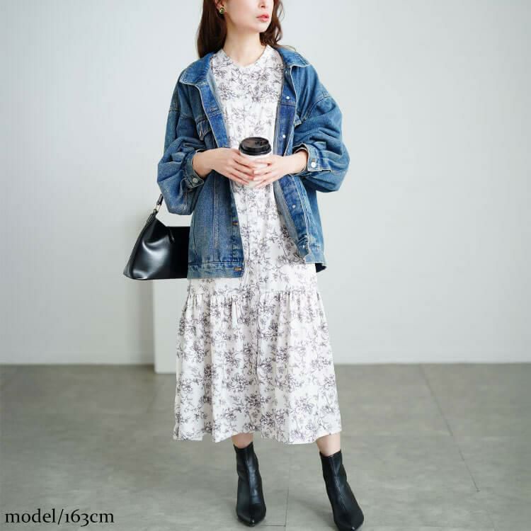 大きいサイズ レディース モノトーンプリントティアードワンピース　plan-371001 【メール便可】 花柄