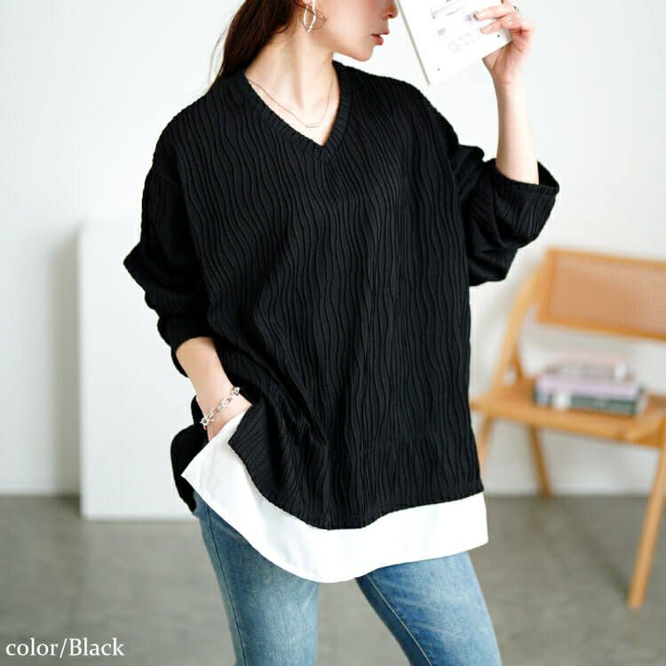 大きいサイズ レディース ウェーブプリーツフェイクレイヤードプルオーバー　plan-271600