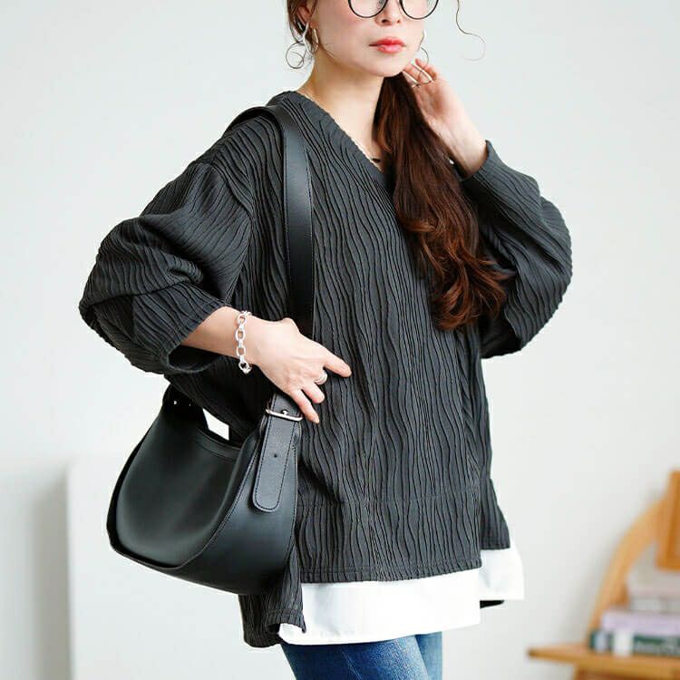 大きいサイズ レディース ウェーブプリーツフェイクレイヤードプルオーバー　plan-271600