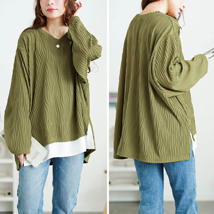 大きいサイズ レディース ウェーブプリーツフェイクレイヤードプルオーバー　plan-271600