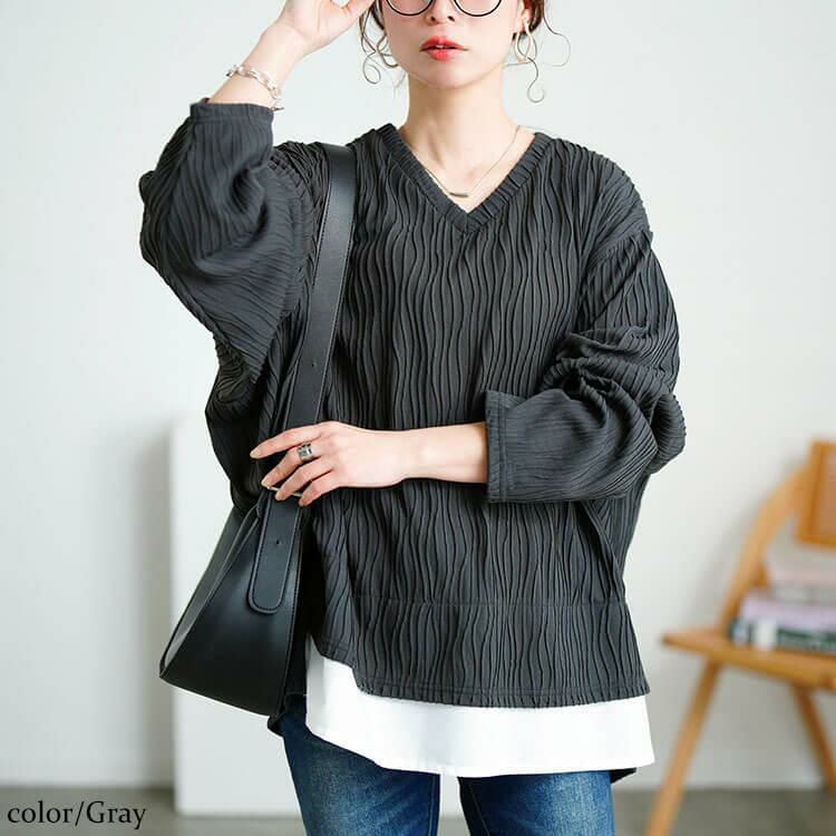 大きいサイズ レディース ウェーブプリーツフェイクレイヤードプルオーバー　plan-271600 グレー