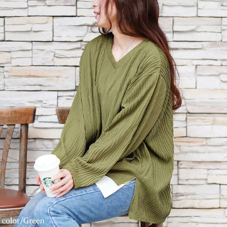 大きいサイズ レディース ウェーブプリーツフェイクレイヤードプルオーバー　plan-271600 グリーン