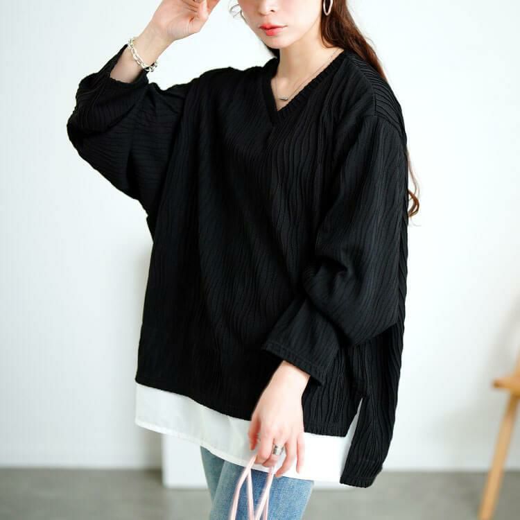 大きいサイズ レディース ウェーブプリーツフェイクレイヤードプルオーバー　plan-271600 ブラック