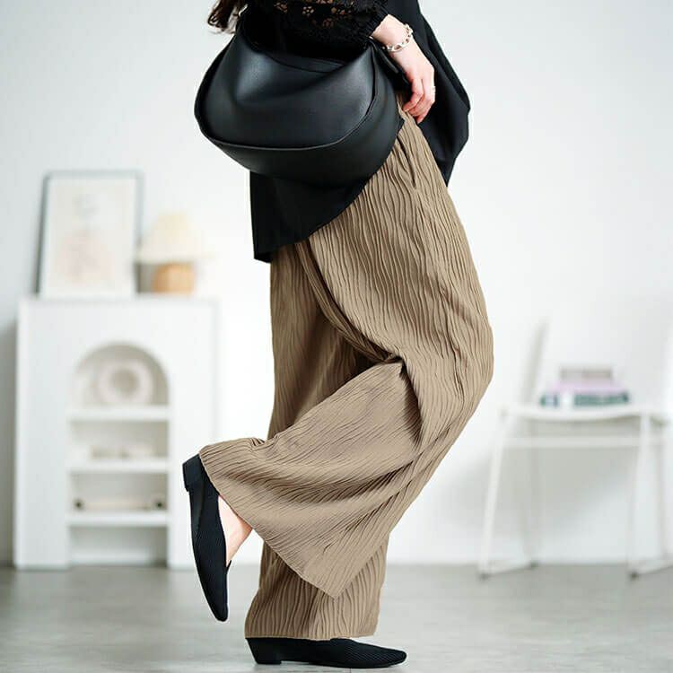 大きいサイズ レディース ウェーブプリーツワイドパンツ　plan-471006