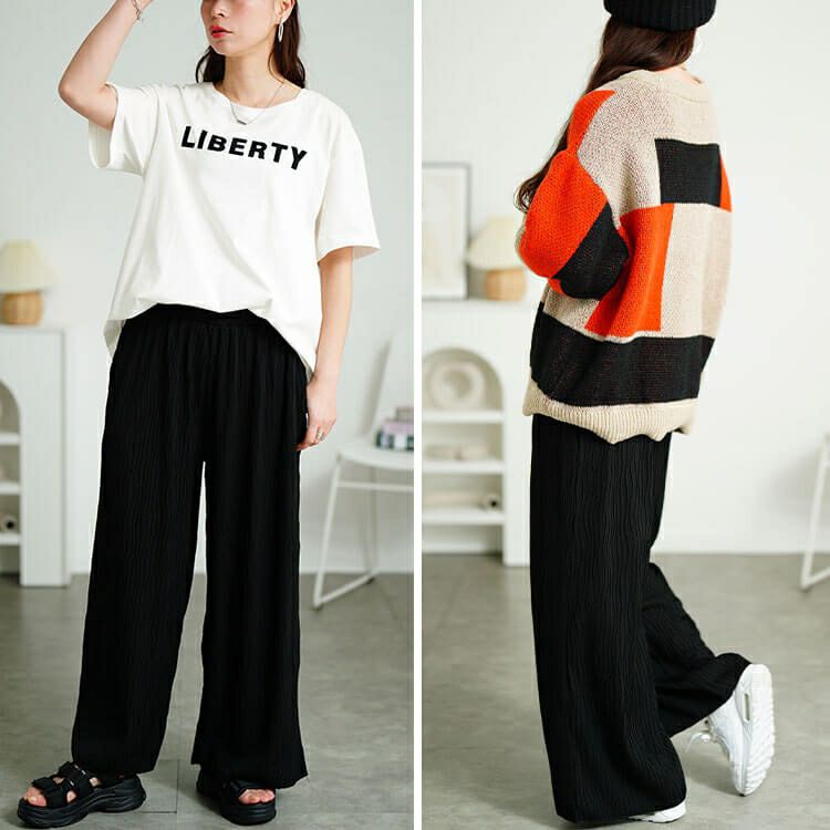 大きいサイズ レディース ウェーブプリーツワイドパンツ　plan-471006