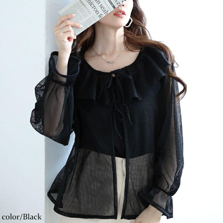 大きいサイズ レディース フレアカラーメッシュカーディガン　cpdai-659561 【メール便可】