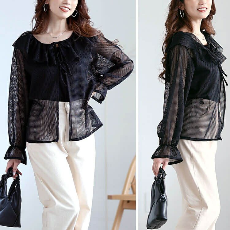 大きいサイズ レディース フレアカラーメッシュカーディガン　cpdai-659561 【メール便可】