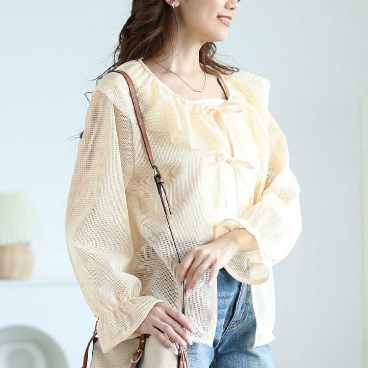 大きいサイズ レディース フレアカラーメッシュカーディガン　cpdai-659561 【メール便可】 オフホワイト