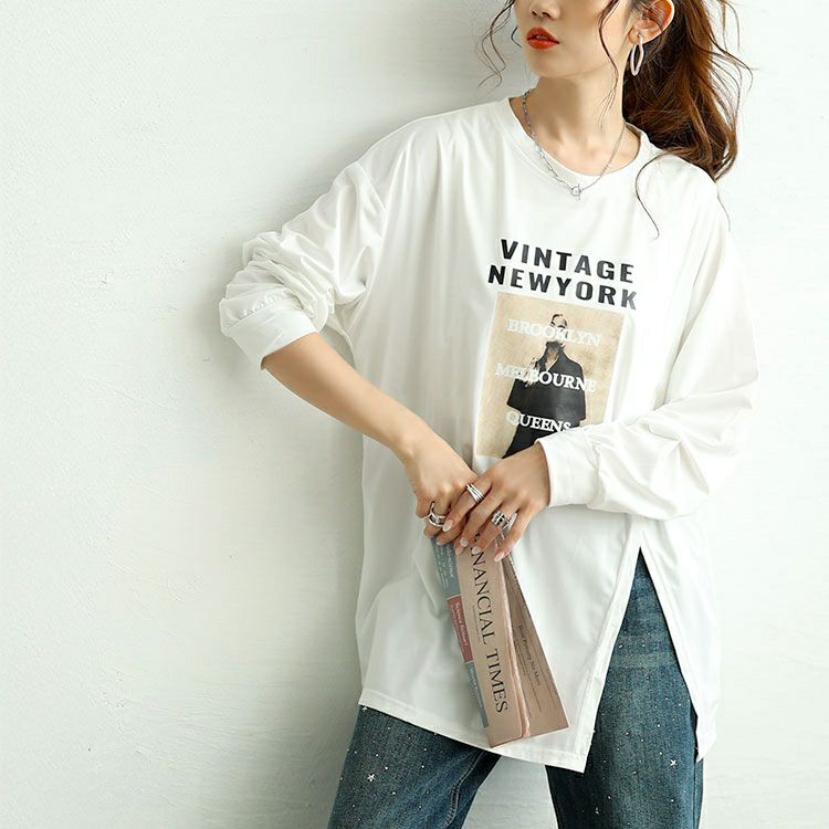 大きいサイズ レディース 斜めスリットロゴプリントロンT　goldy-1653 【メール便可】