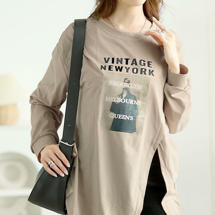 大きいサイズ レディース 斜めスリットロゴプリントロンT　goldy-1653 【メール便可】 ベージュ