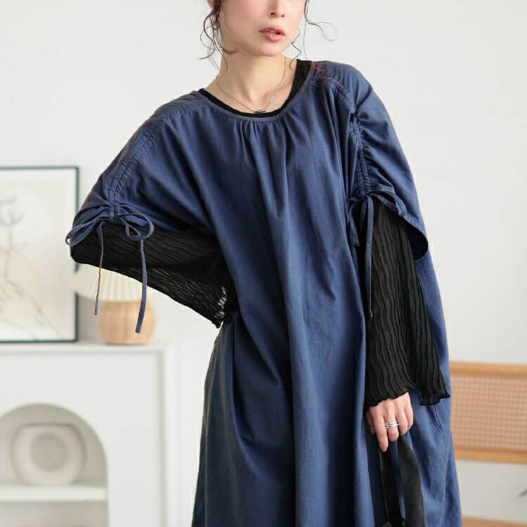 大きいサイズ レディース コットンリネン肩ドロストワンピース　fem-523