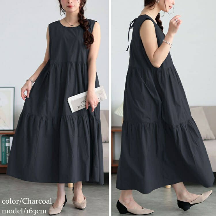 大きいサイズ レディース コットンレースアップティアードワンピース　fem-524