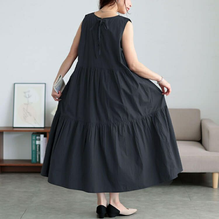 大きいサイズ レディース コットンレースアップティアードワンピース　fem-524