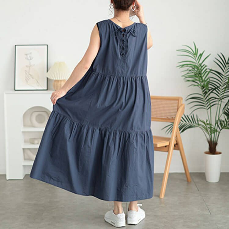 大きいサイズ レディース コットンレースアップティアードワンピース　fem-524