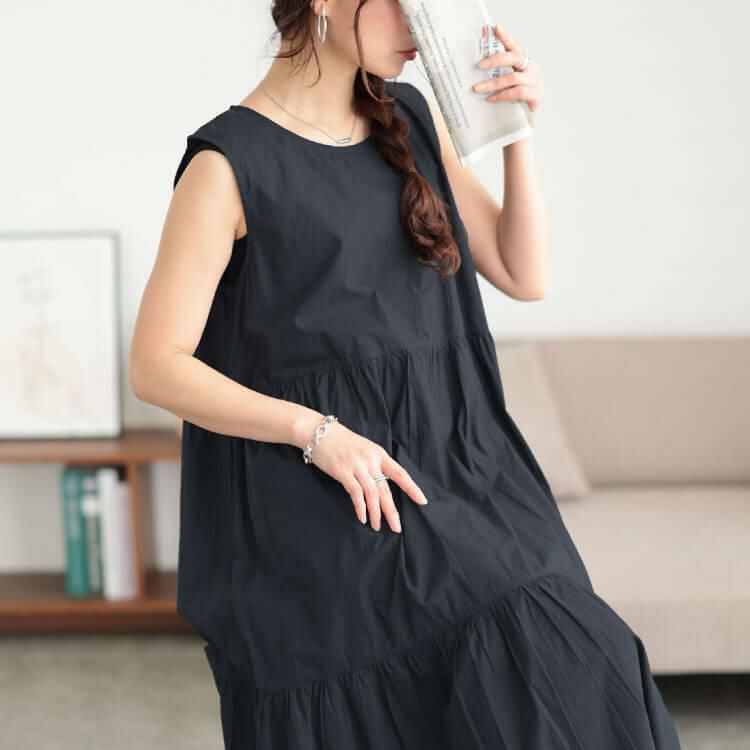 大きいサイズ レディース コットンレースアップティアードワンピース　fem-524 チャコール