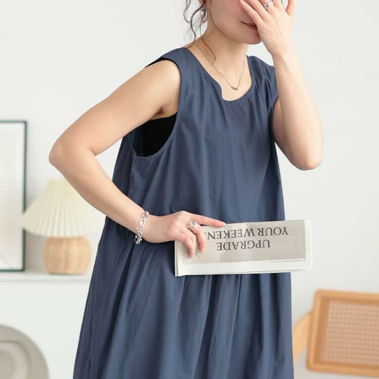 大きいサイズ レディース コットンレースアップティアードワンピース　fem-524 ブルー