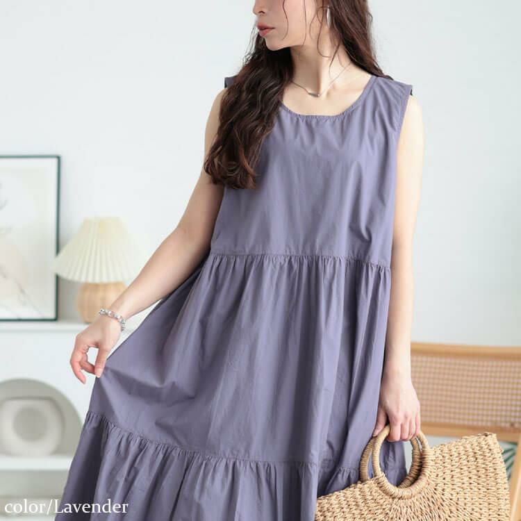 大きいサイズ レディース コットンレースアップティアードワンピース　fem-524 ラベンダー