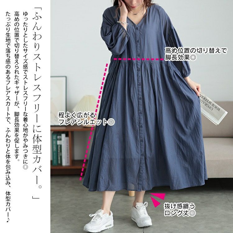大きいサイズ レディース コットンリネンVネックギャザーワンピース　fem-526