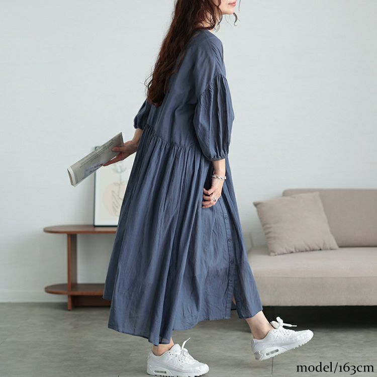 大きいサイズ レディース コットンリネンVネックギャザーワンピース　fem-526