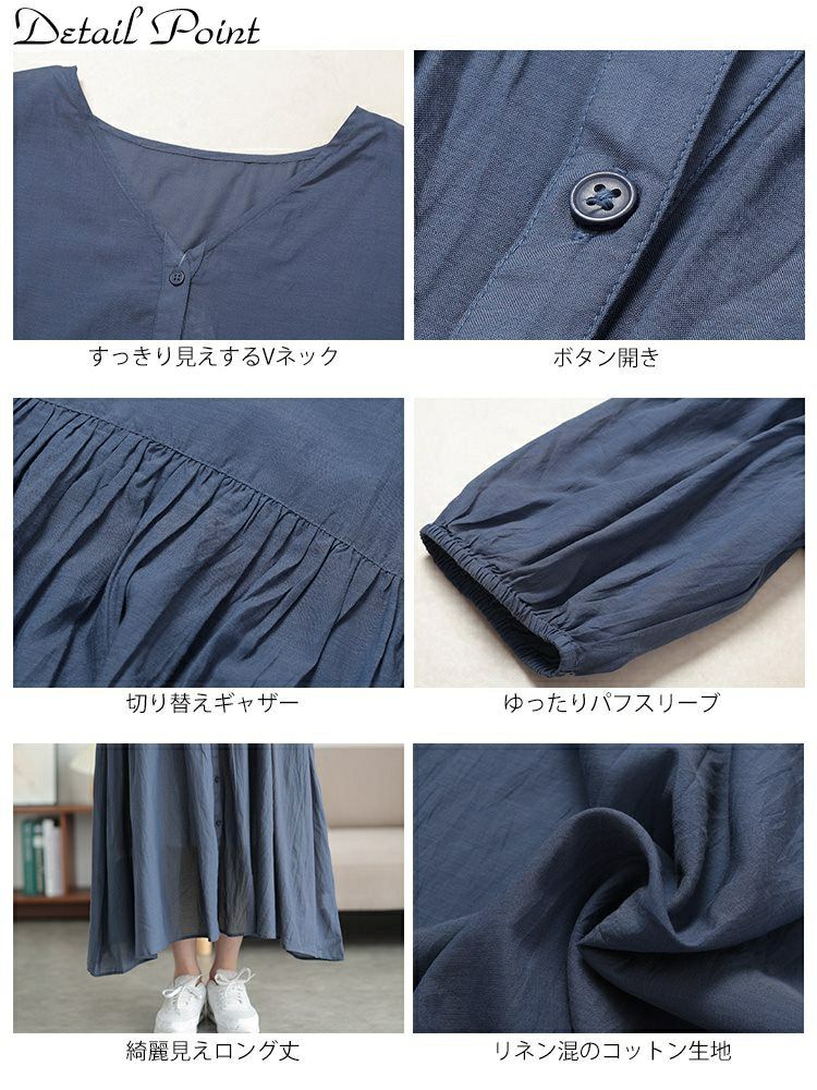 大きいサイズ レディース コットンリネンVネックギャザーワンピース　fem-526