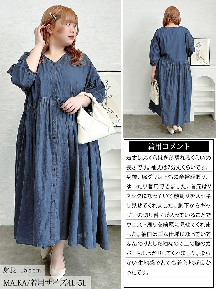 大きいサイズ レディース コットンリネンVネックギャザーワンピース　fem-526
