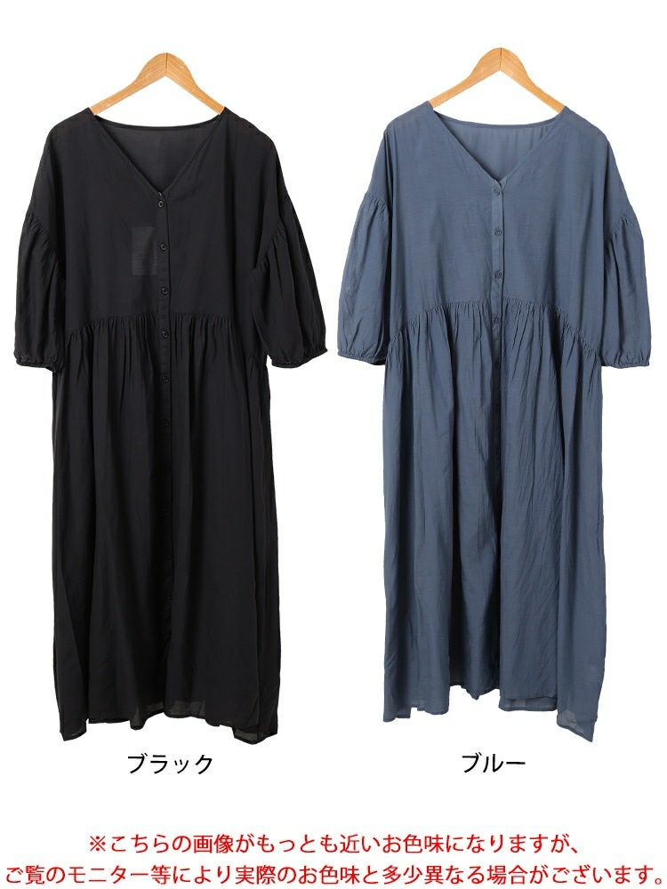 大きいサイズ レディース コットンリネンVネックギャザーワンピース　fem-526