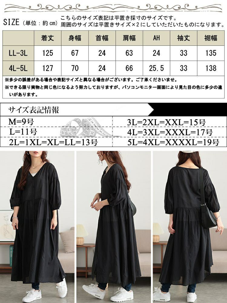 大きいサイズ レディース コットンリネンVネックギャザーワンピース　fem-526