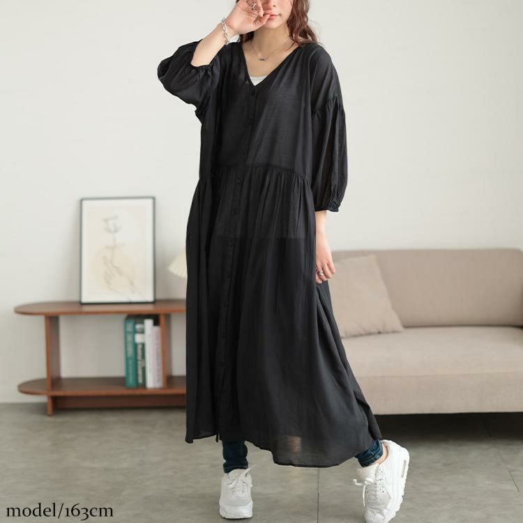 大きいサイズ レディース コットンリネンVネックギャザーワンピース　fem-526 ブラック