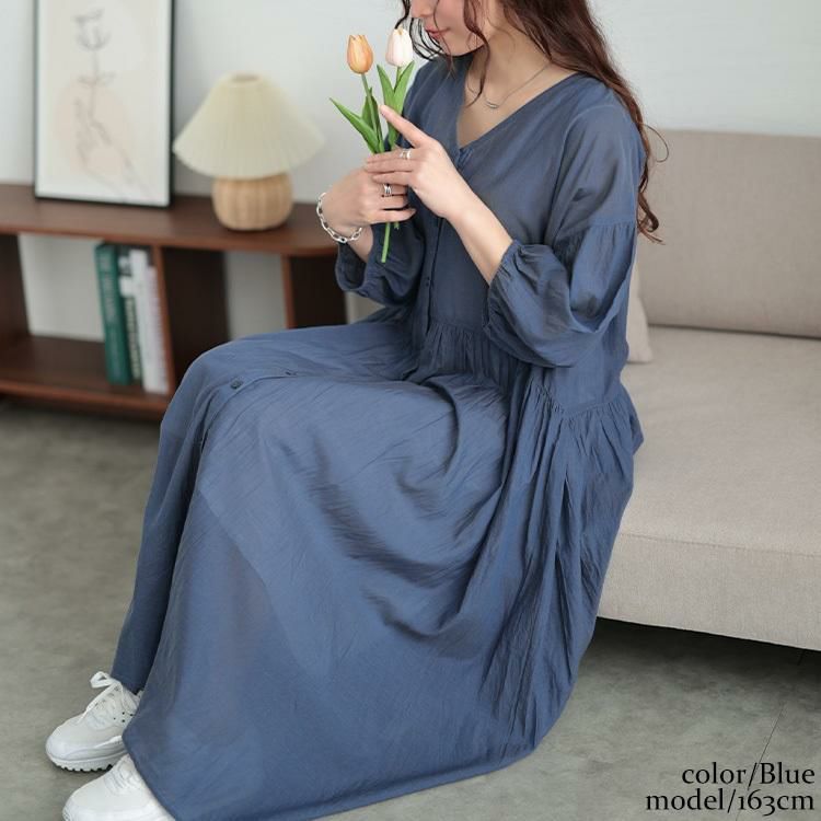 大きいサイズ レディース コットンリネンVネックギャザーワンピース　fem-526 ブルー