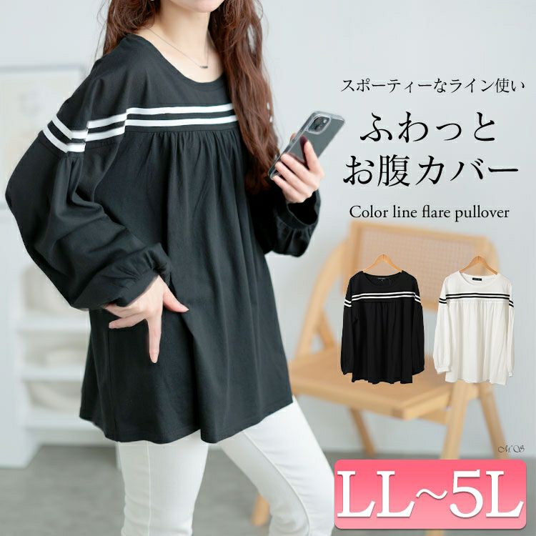 大きいサイズ レディース 配色ラインフレアプルオーバー　bai-0176