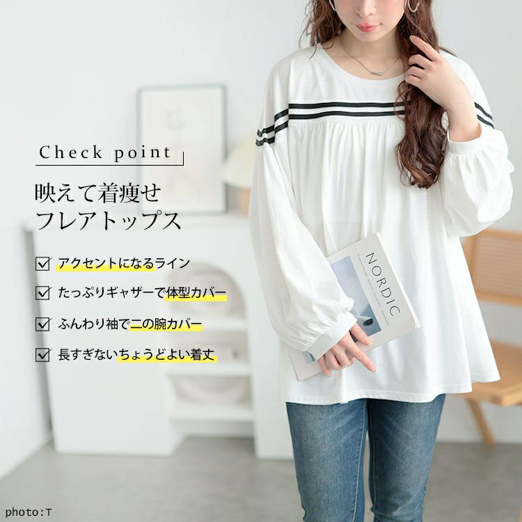 大きいサイズ レディース 配色ラインフレアプルオーバー　bai-0176