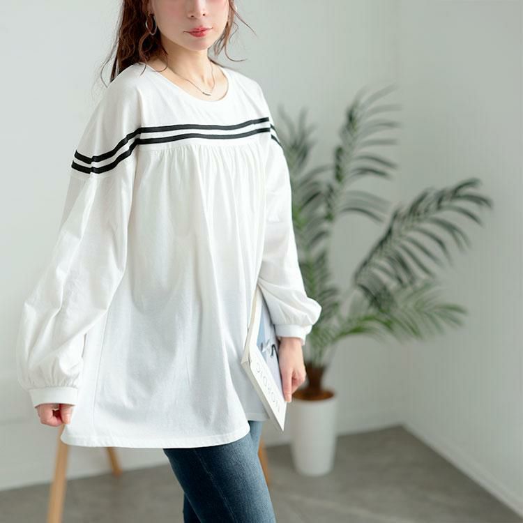 大きいサイズ レディース 配色ラインフレアプルオーバー　bai-0176 ホワイト